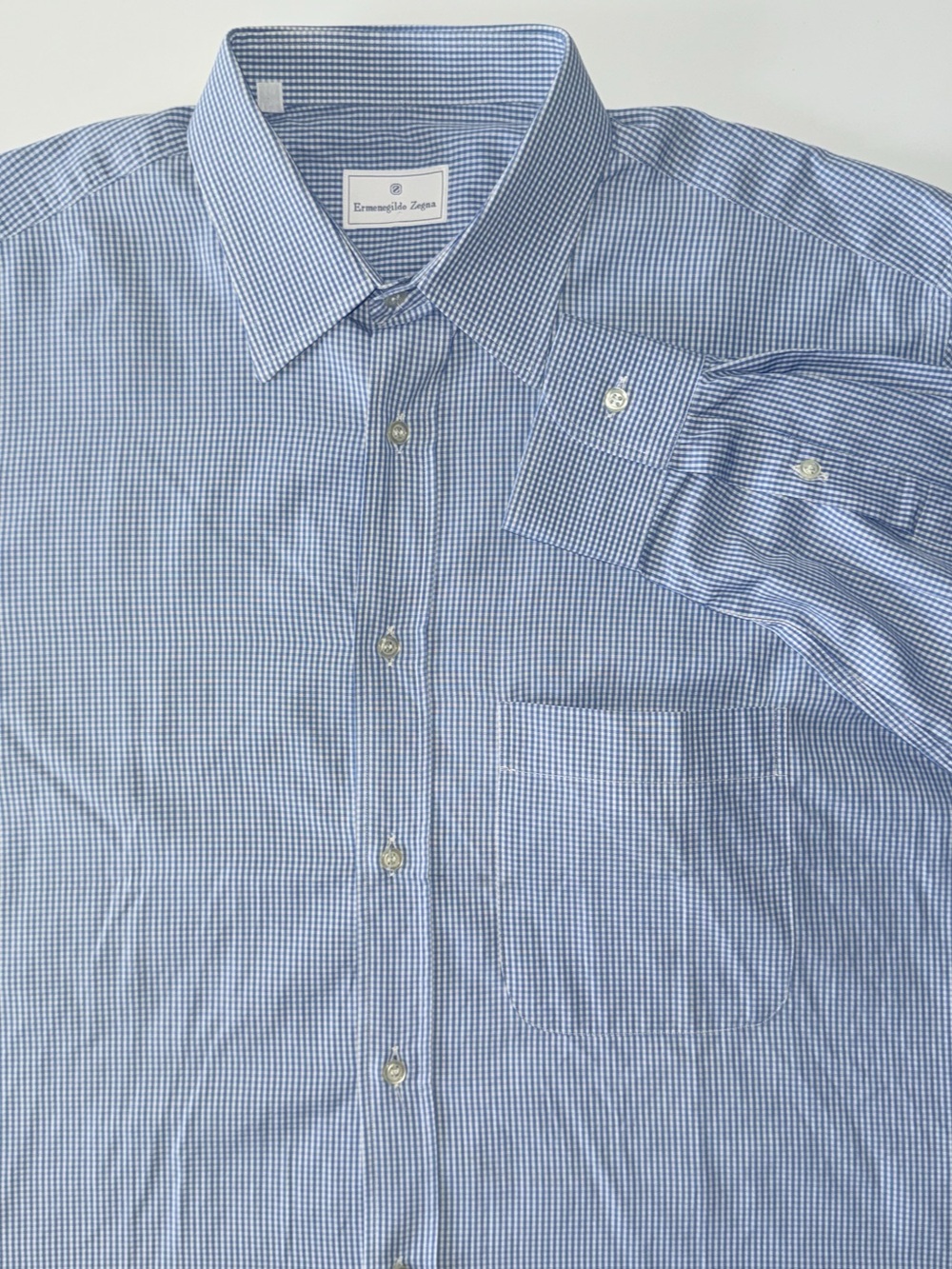 Ermenegildo Zegna Button Down Men's 15 3/4-40 Blue White Micro Check Cotton